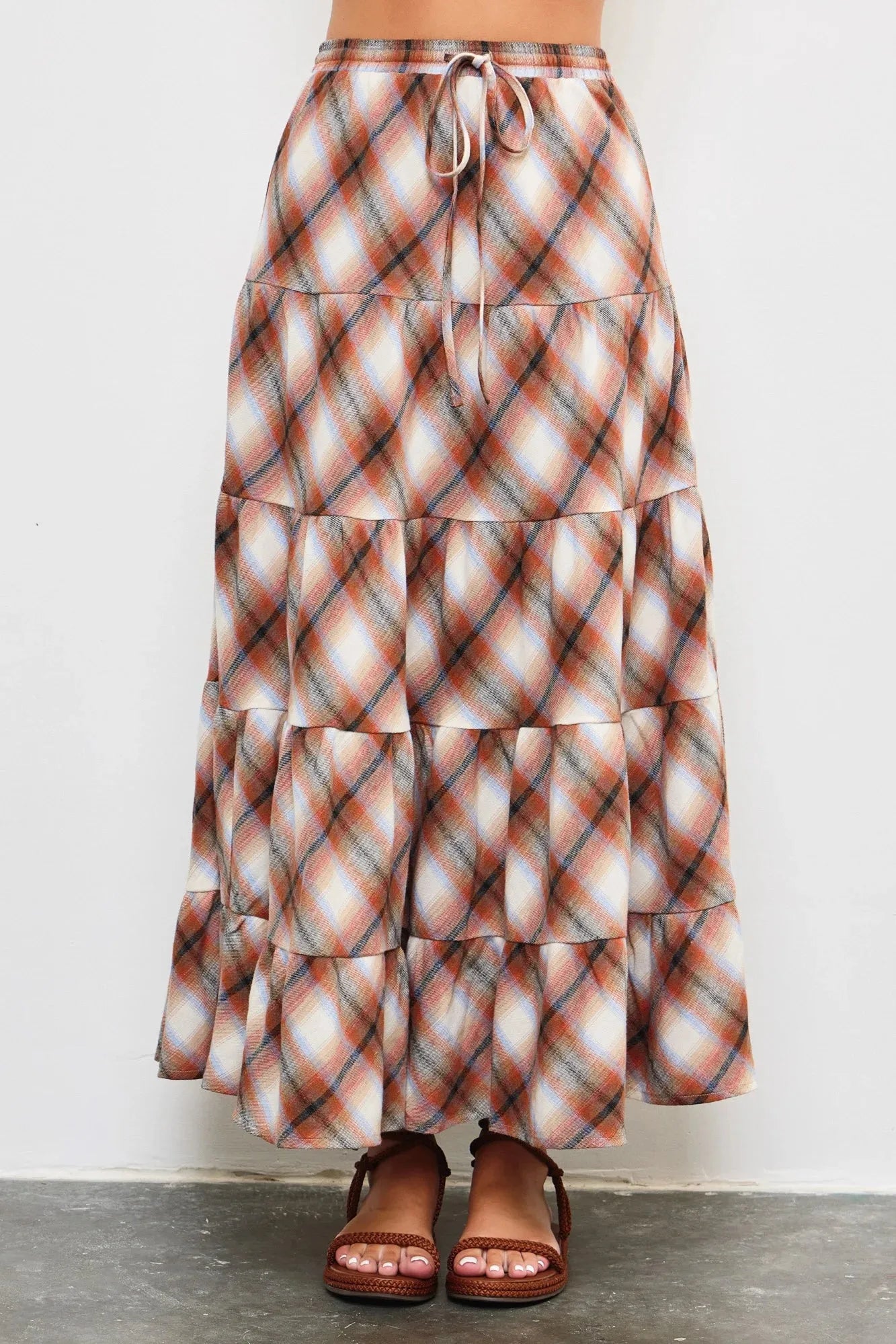 Flannel Plaid Tiered Hem Maxi Skirt - Tasha Apparel Wholesale