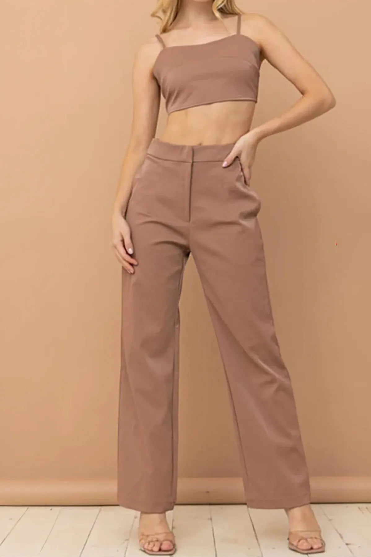 Faux Leather Crop Top & High Waist Pants Set - Tasha Apparel Wholesale