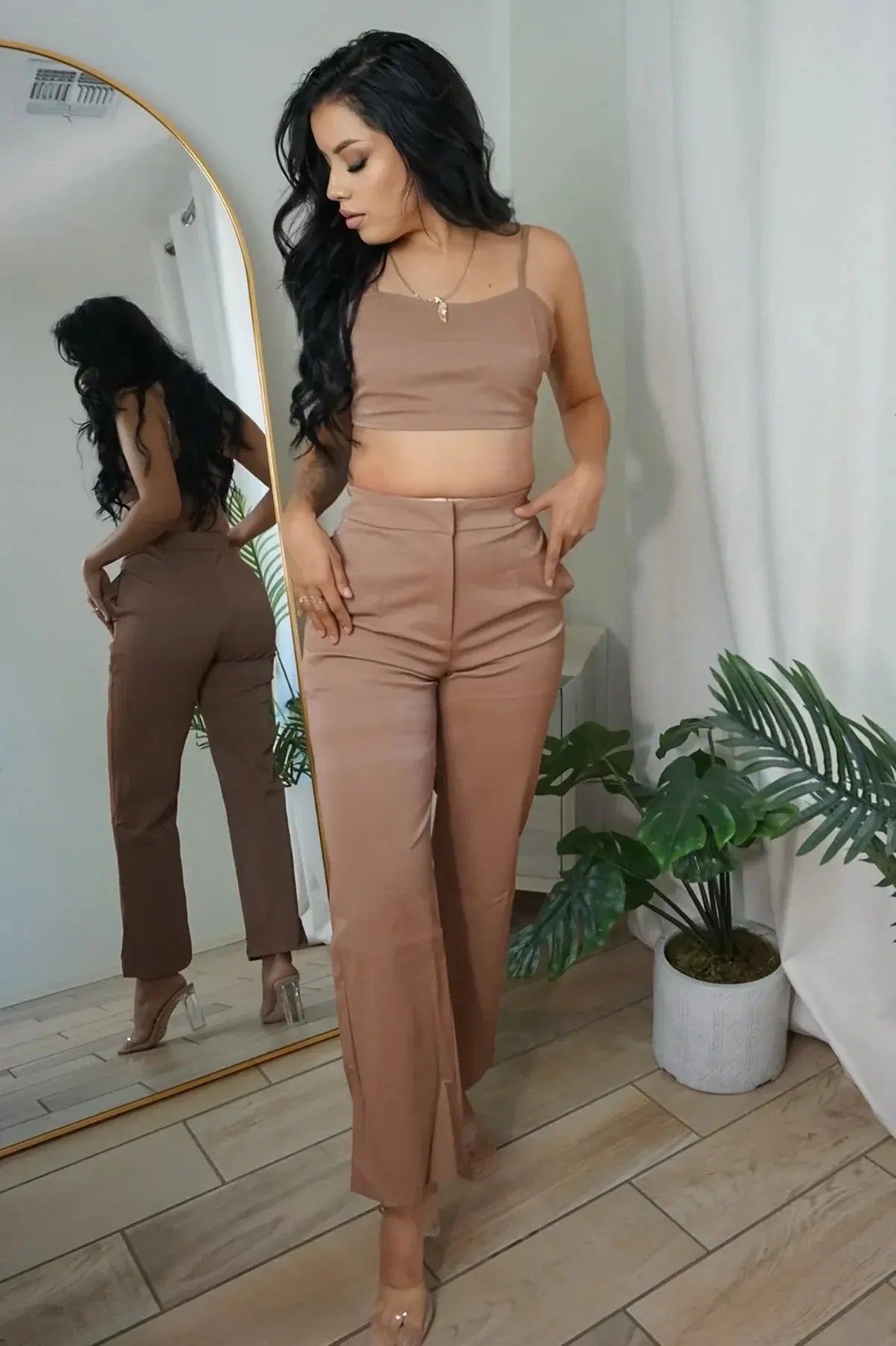 Faux Leather Crop Top & High Waist Pants Set - Tasha Apparel Wholesale