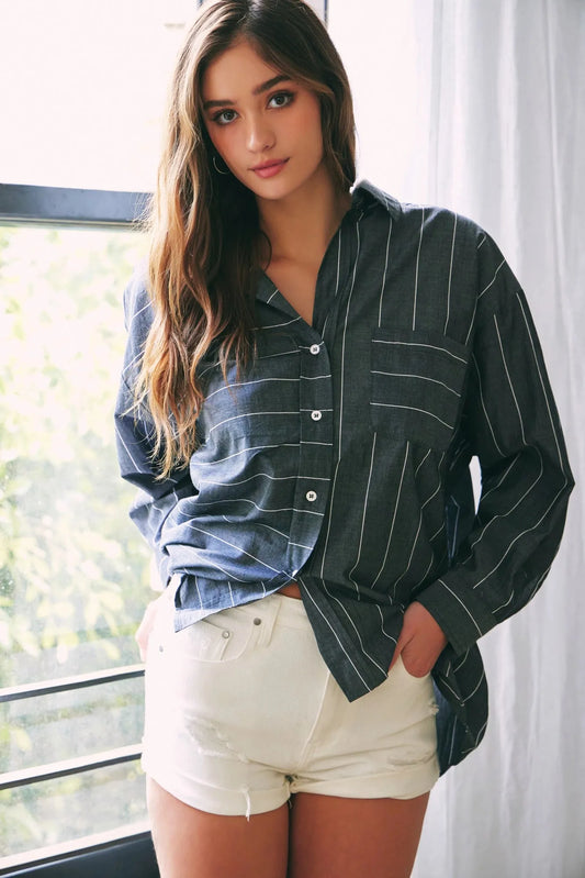 Cotton Stripe Single Pocket Button Up Shirt Top - Tasha Apparel Wholesale