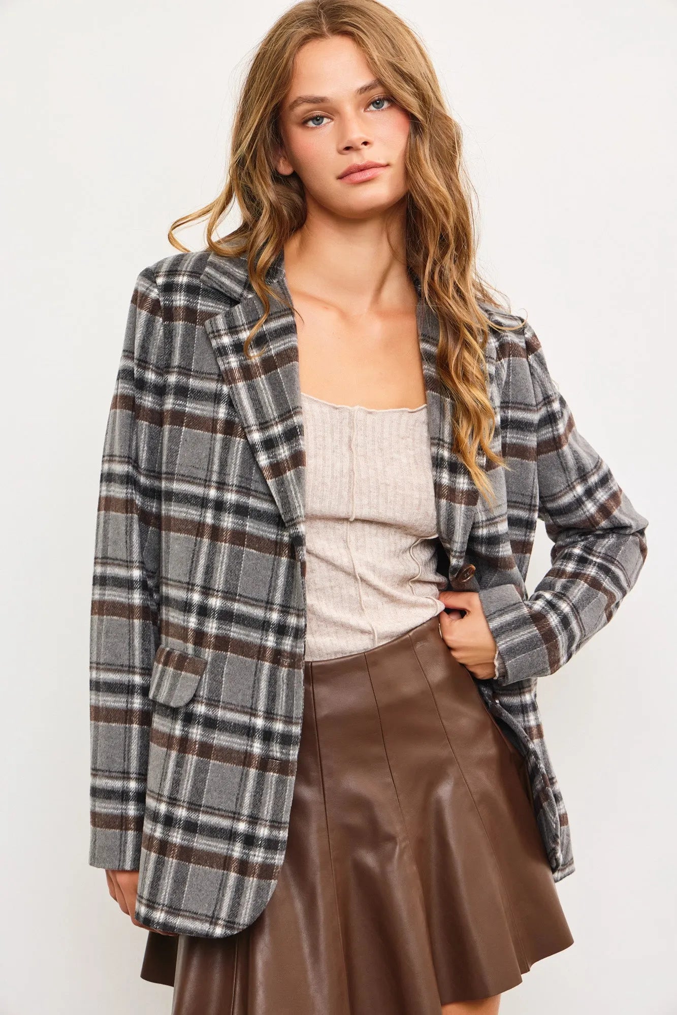 Flannel Front Pocket Plaid Blazer - Tasha Apparel Wholesale