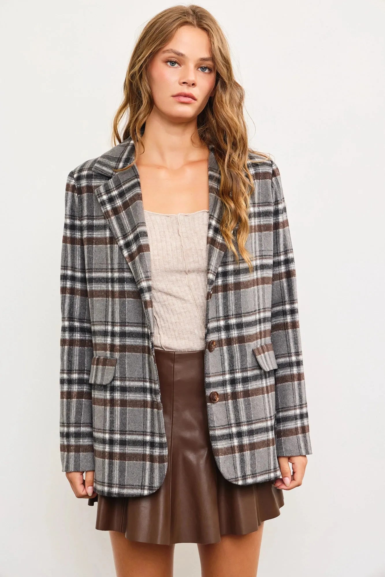 Flannel Front Pocket Plaid Blazer - Tasha Apparel Wholesale