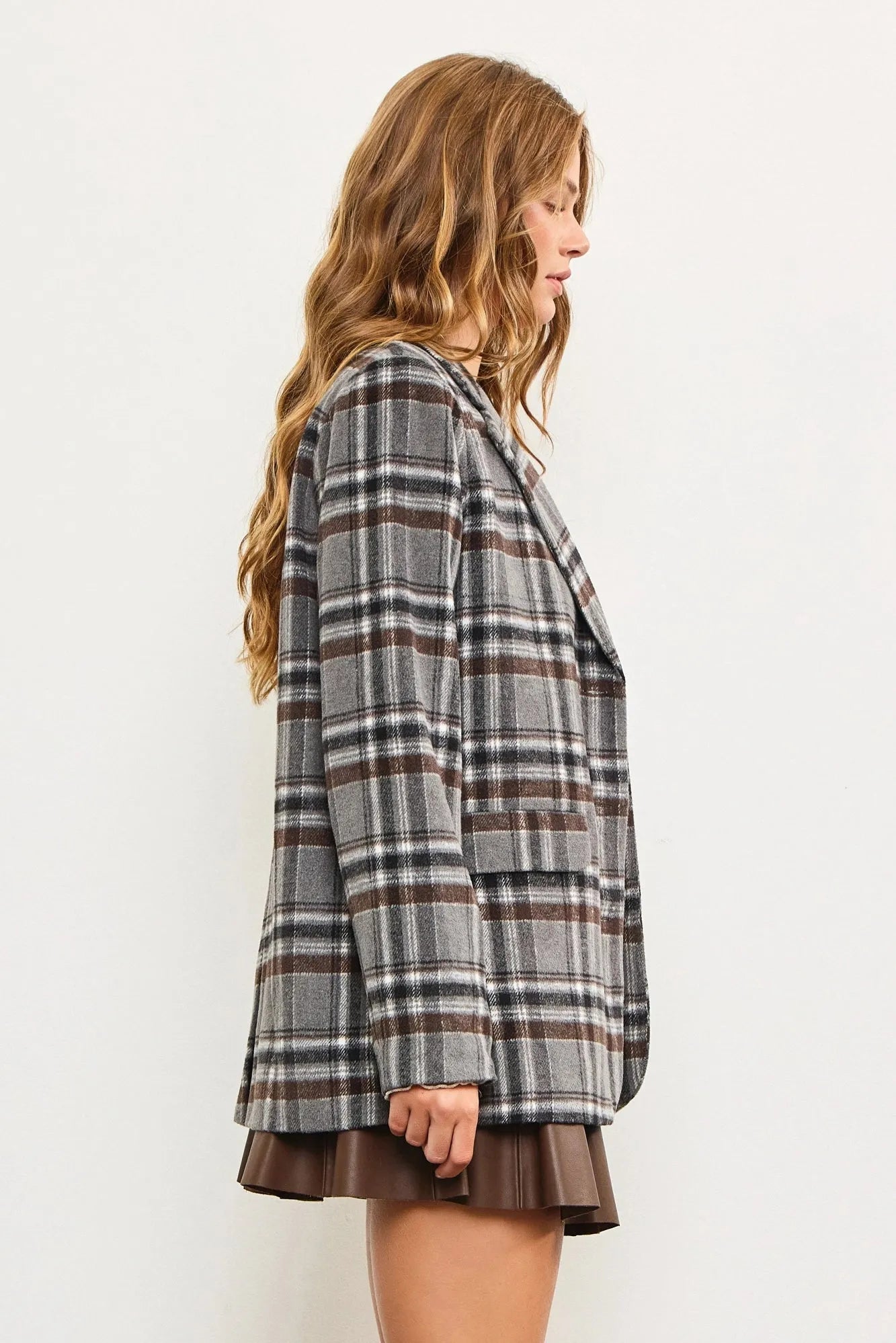 Flannel Front Pocket Plaid Blazer - Tasha Apparel Wholesale