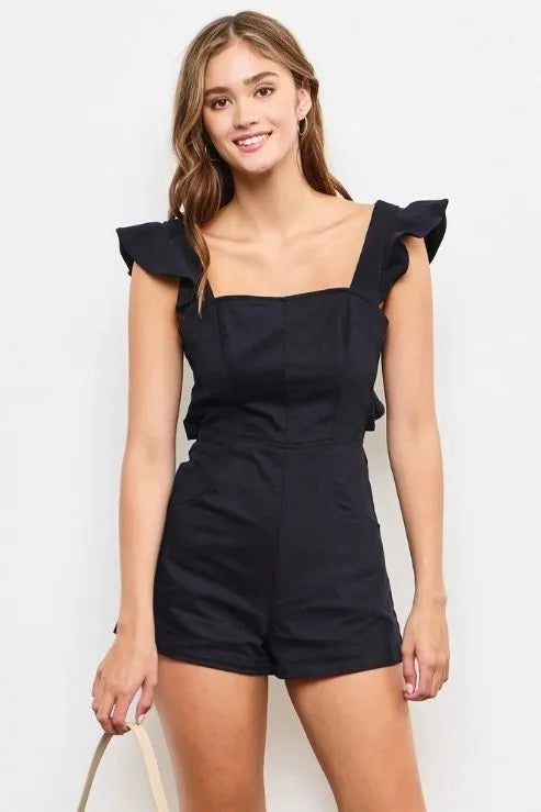 Ruffle Flutter Sleeve Tie-Back Black Romper - Tasha Apparel Wholesale