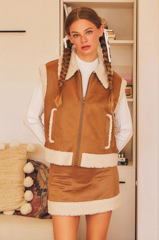 Faux Suede Fleece Sherpa Lined Front Pocket Vest - Tasha Apparel Wholesale