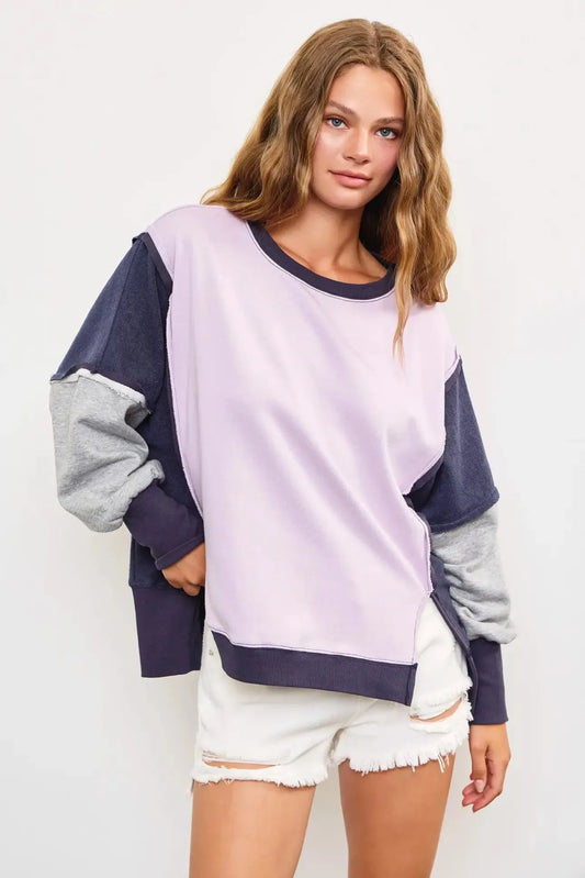 Color Block Side Slit Oversized Sweatshirt - Tasha Apparel Wholesale