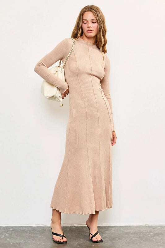 Ribbed Long Sleeve Mock Neck Maxi Dress - Tasha Apparel Wholesale