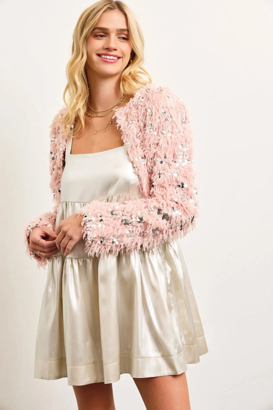 Sequin Faux Feather Padded Shoulder Cropped Jacket - Tasha Apparel Wholesale