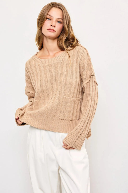 Pullover Relax Fit Two Front Pocket Sweater Top - Tasha Apparel Wholesale