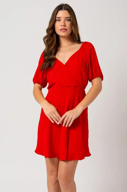 Short Puff Sleeve Wrap Mini Dress - Tasha Apparel Wholesale