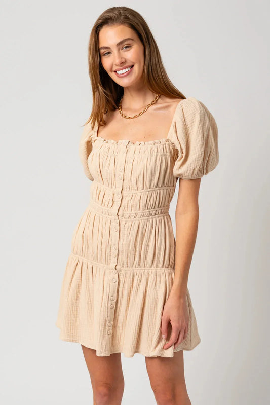 Puff Short Sleeve Shirring Mini Dress - Tasha Apparel Wholesale