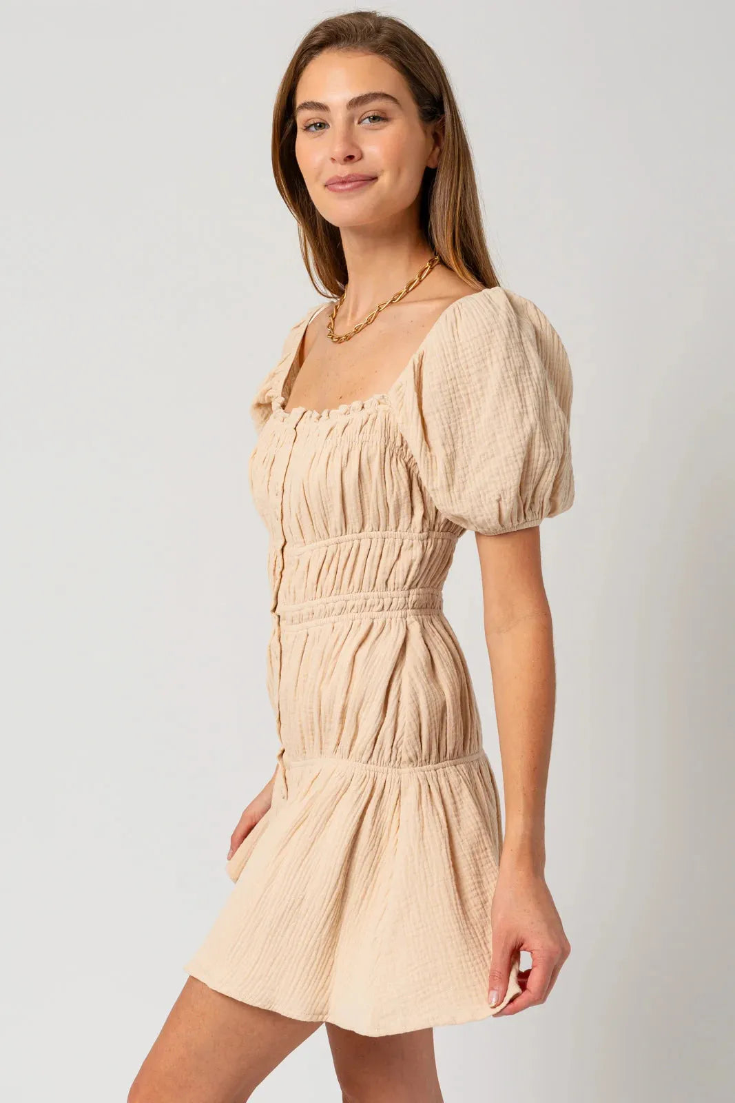 Puff Short Sleeve Shirring Mini Dress - Tasha Apparel Wholesale