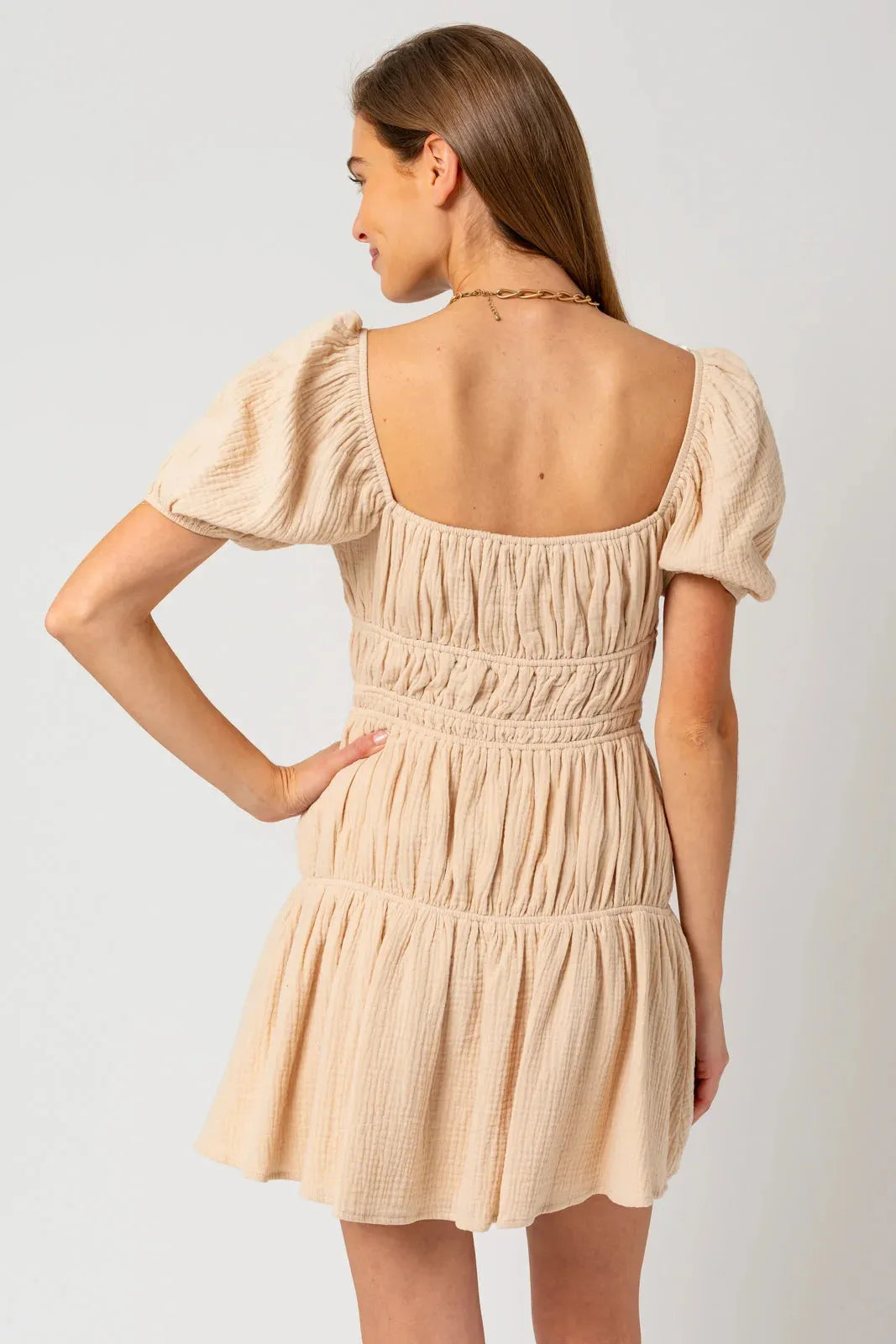 Puff Short Sleeve Shirring Mini Dress - Tasha Apparel Wholesale