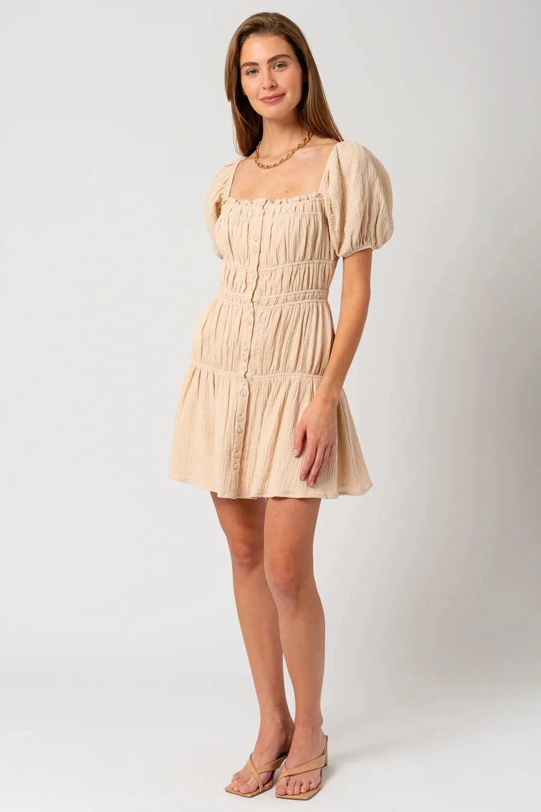Puff Short Sleeve Shirring Mini Dress - Tasha Apparel Wholesale