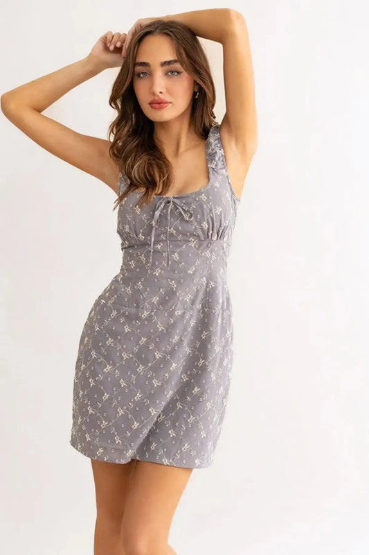 Floral Embroidered Long Waist Line Mini Dress - Tasha Apparel Wholesale
