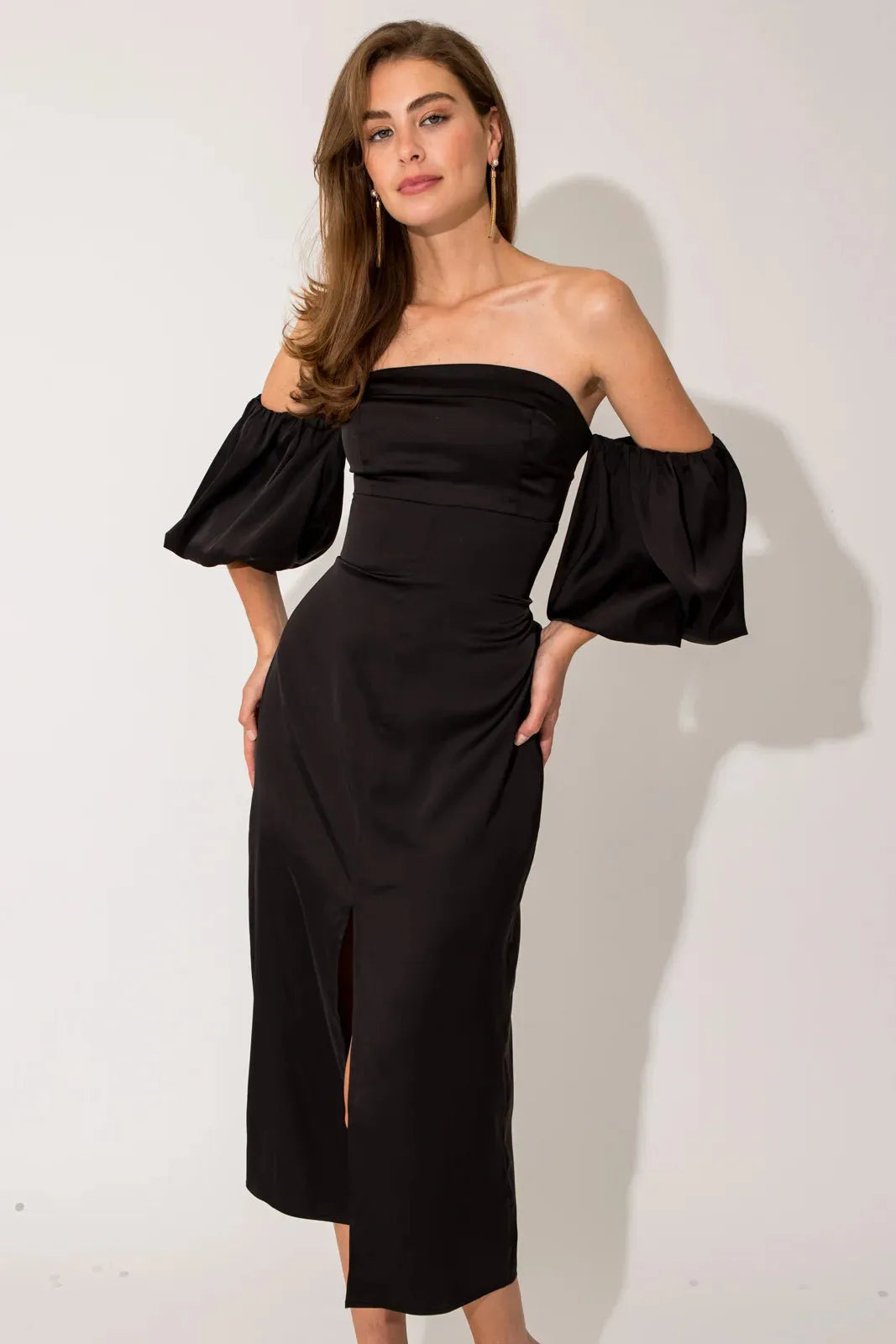 Satin Off Shoulder Puff Sleeve Midi Dress - Tasha Apparel Wholesale