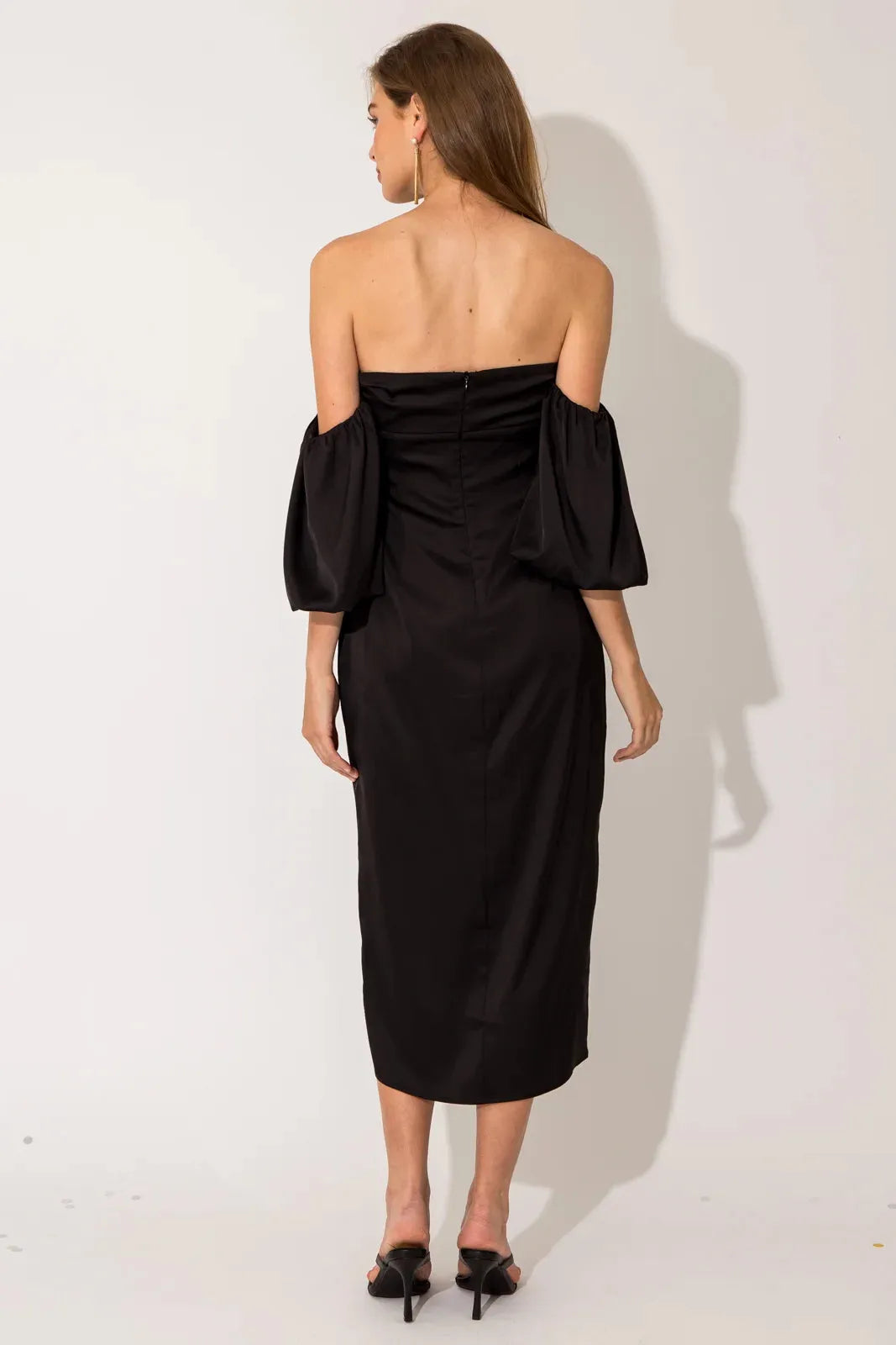 Satin Off Shoulder Puff Sleeve Midi Dress - Tasha Apparel Wholesale