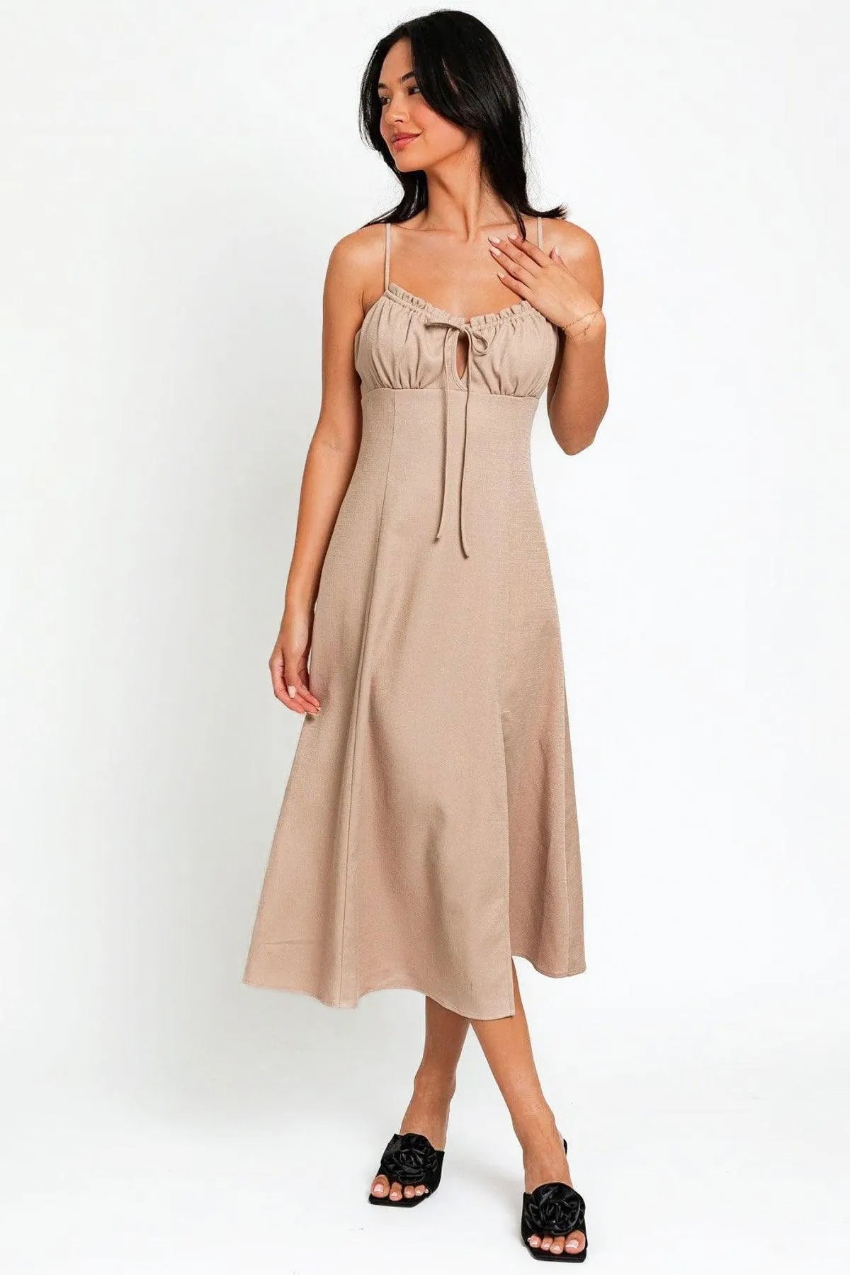 Flare Front Tie Front Slit Midi Dress - Tasha Apparel Wholesale