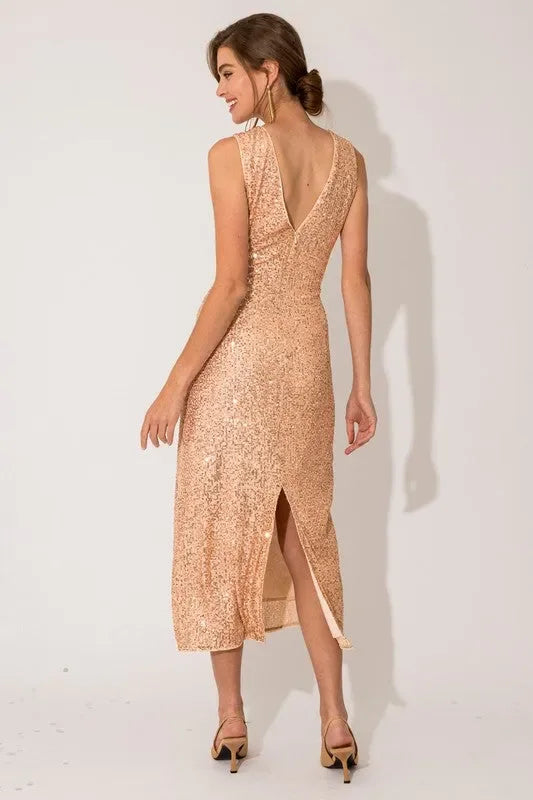 Sequin Sleeveless Round Neck Back Slit Maxi Dress Sequin Sleeveless Round Neck Back Slit Maxi Dress