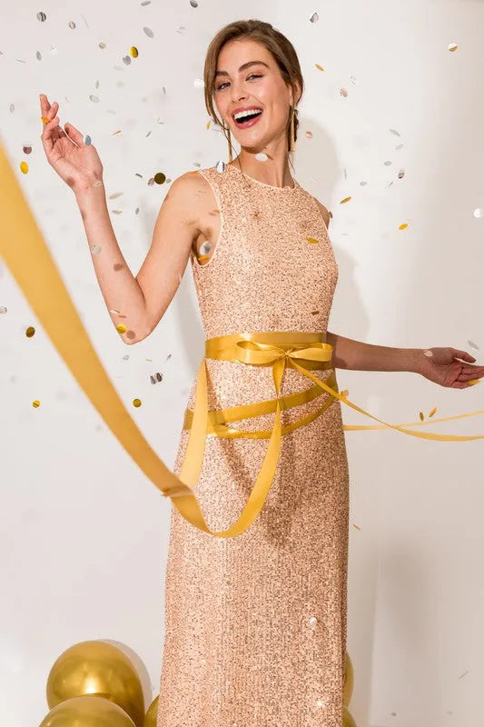 Sequin Sleeveless Round Neck Back Slit Maxi Dress - Tasha Apparel Wholesale