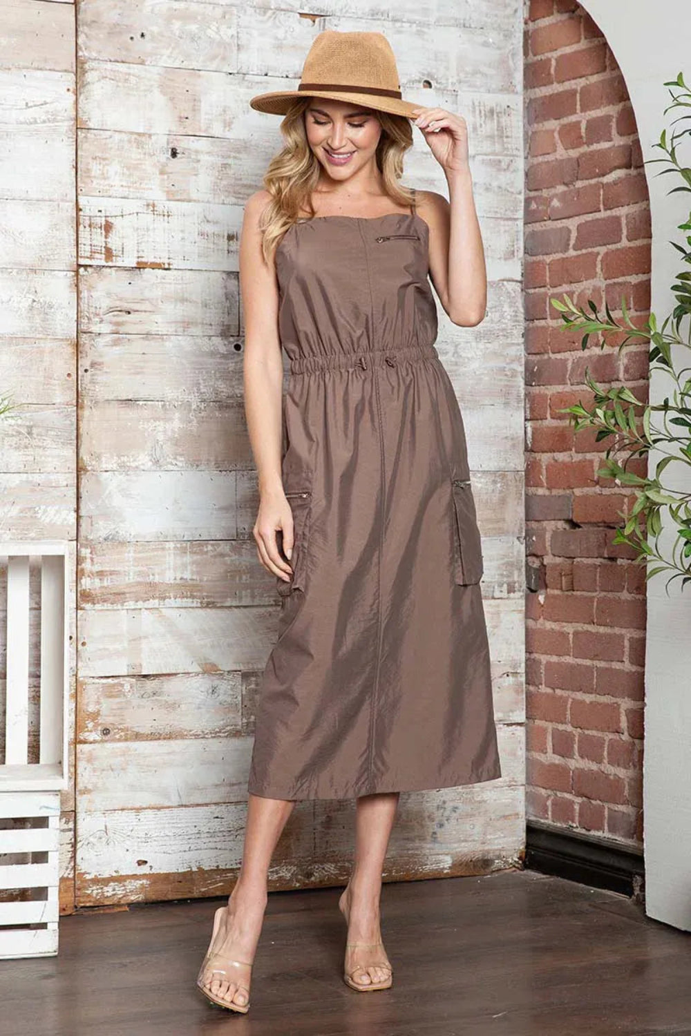 Utility Safari Style Zippered Pockets Drawstring Waist Midi Dress Mocha / XS-S-M/1-2-2