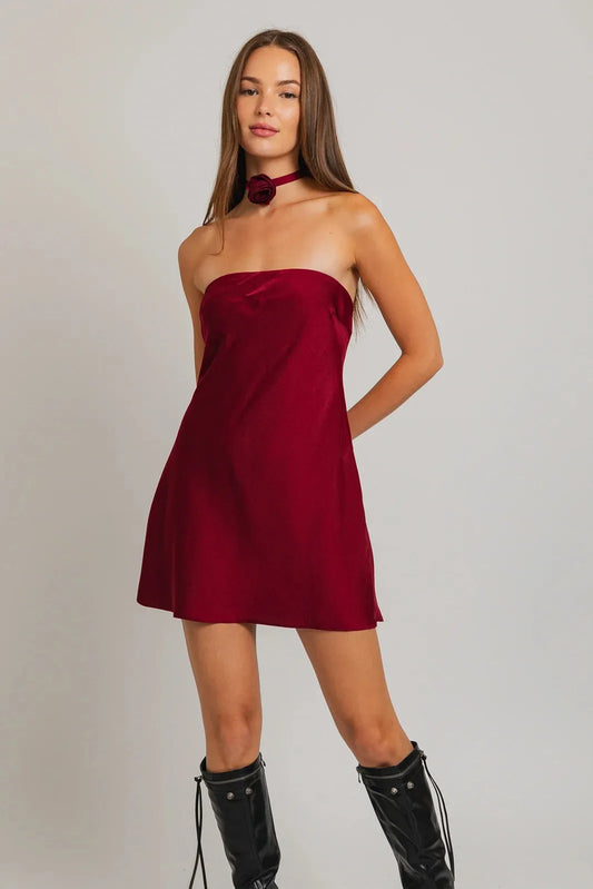 Rose Chocker Neckline Satin Sleeveless Mini Dress - Tasha Apparel Wholesale