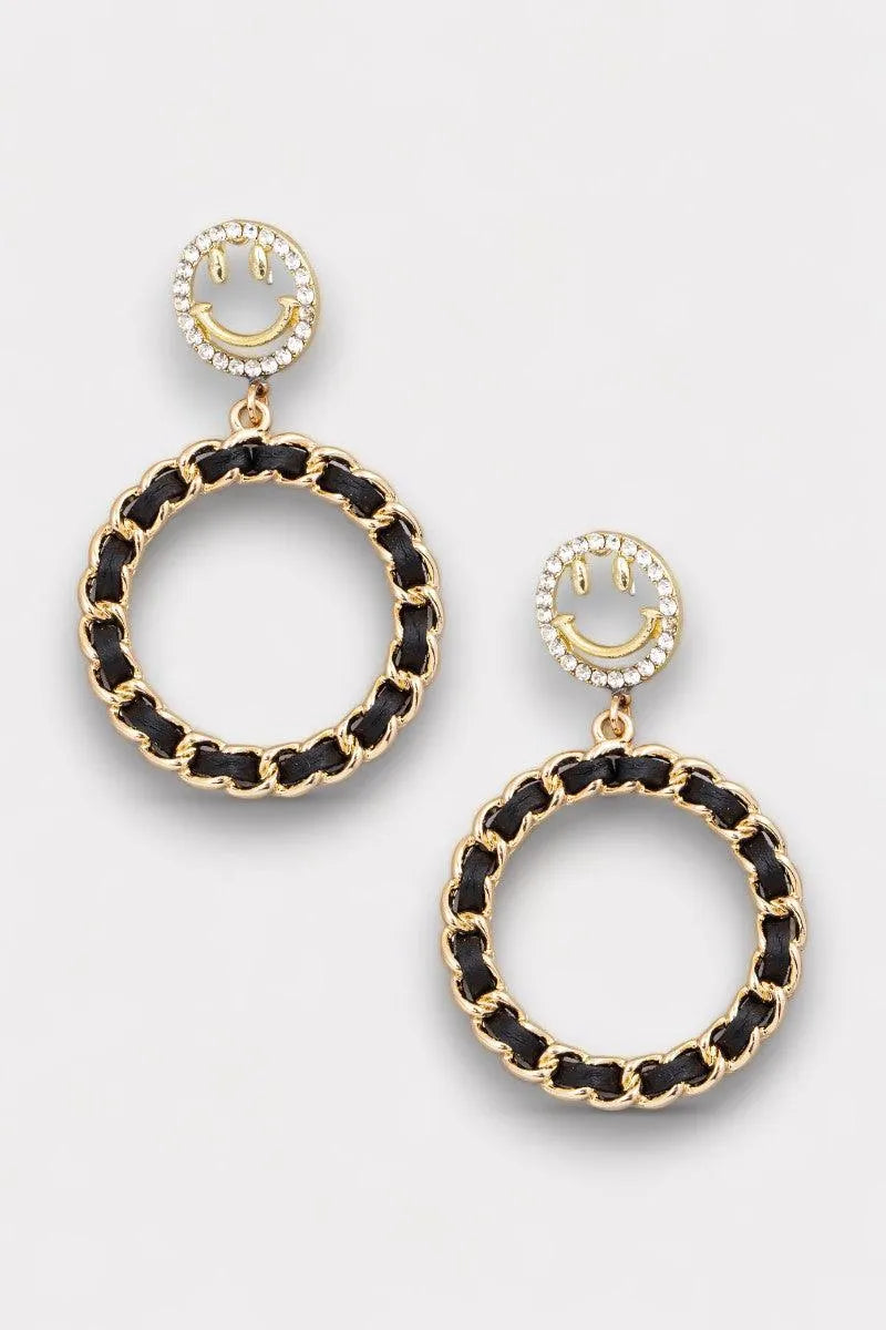 Hoop Smiley Face Circle Chain Drop Earrings - Tasha Apparel Wholesale
