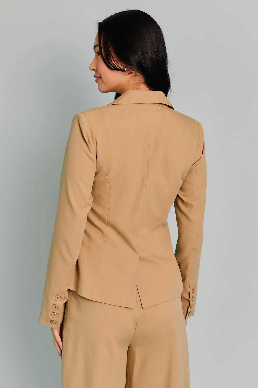 Camel Two Pocket Two Button Closure Blazer - Tasha Apparel Wholesale