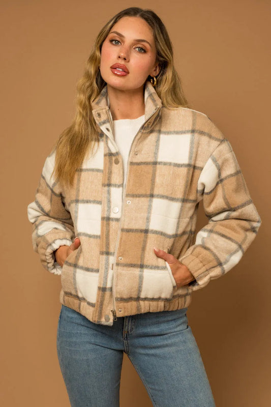 Plaid Elastic Waist Puffer Jacket - Tasha Apparel Wholesale