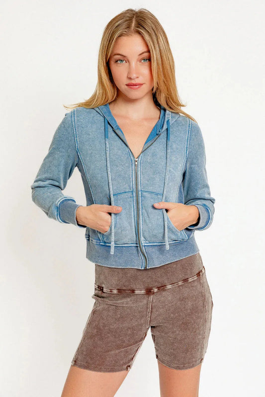Wash Effect Front Pocket Zip Up Hoodie Jacket - Tasha Apparel Wholesale