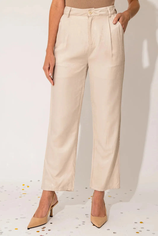 Mid Waist Satin Crop Plated Pants - Tasha Apparel Wholesale