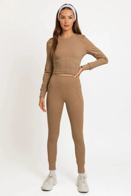 Round Neck Corset Top & High Waist Jogger Pants Set - Tasha Apparel Wholesale