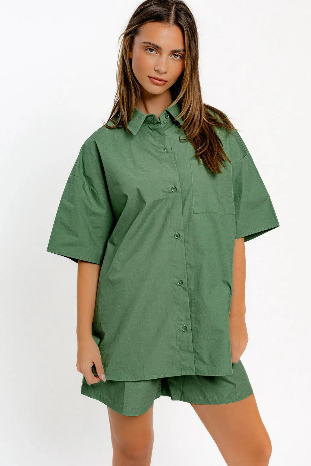 Oversized Cotton Front Pocket Short Sleeve Shirt - Tasha Apparel Wholesale
