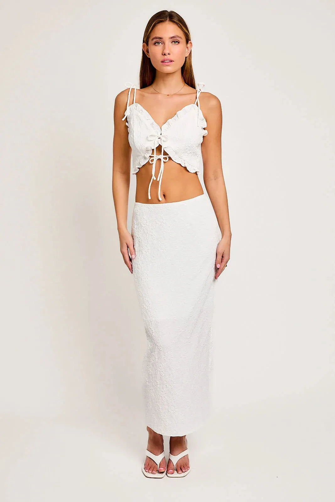 Lace Tie Up Ruffled Crop Top & Maxi Skirt Set - Tasha Apparel Wholesale