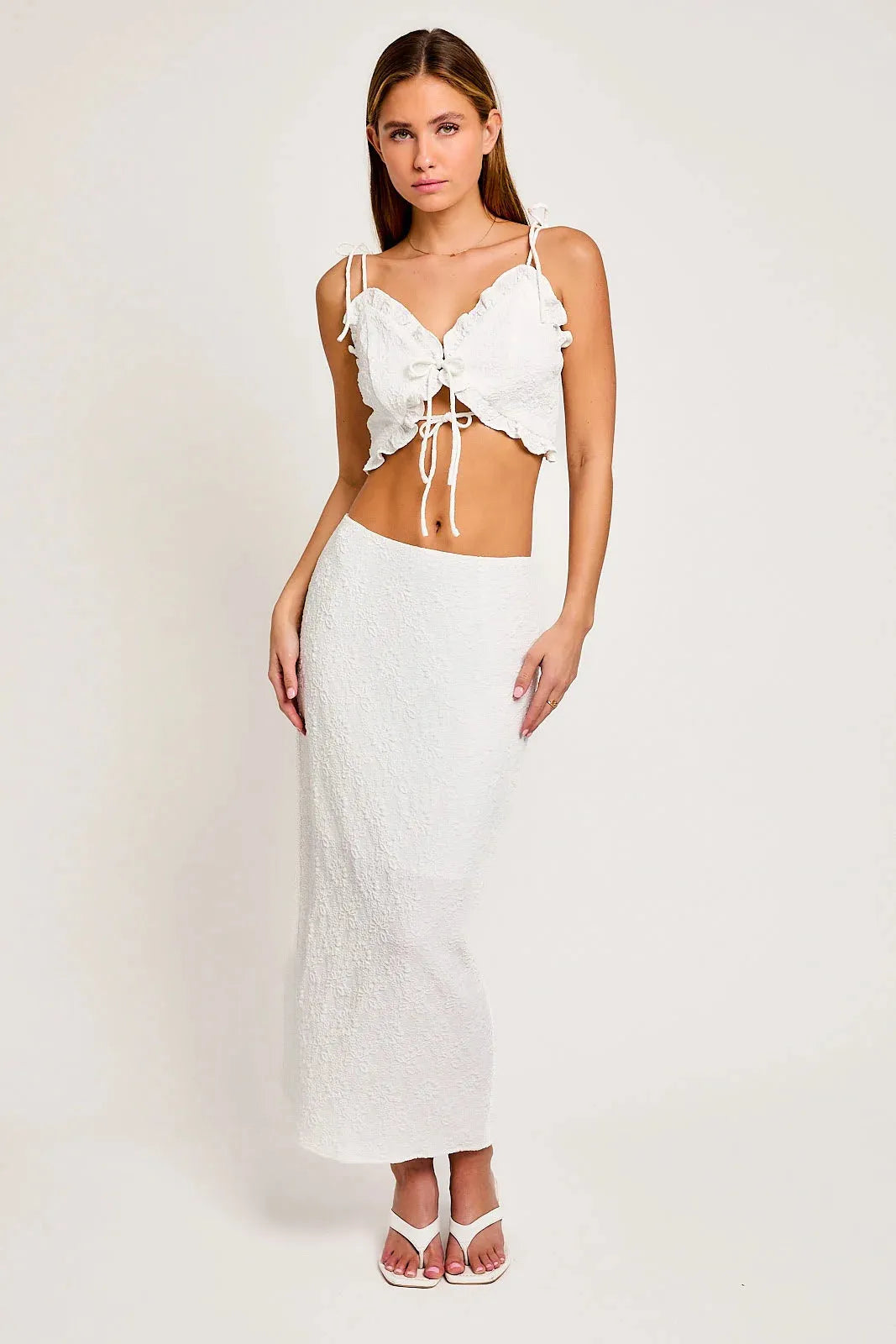 Lace Tie Up Ruffled Crop Top & Maxi Skirt Set - Tasha Apparel Wholesale