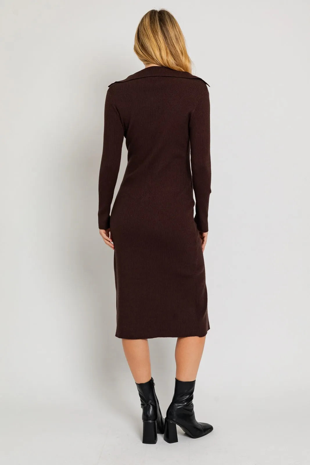 Ribbed Zip Front Ribbed Collared Sweater Midi Dress - Tasha Apparel Wholesale