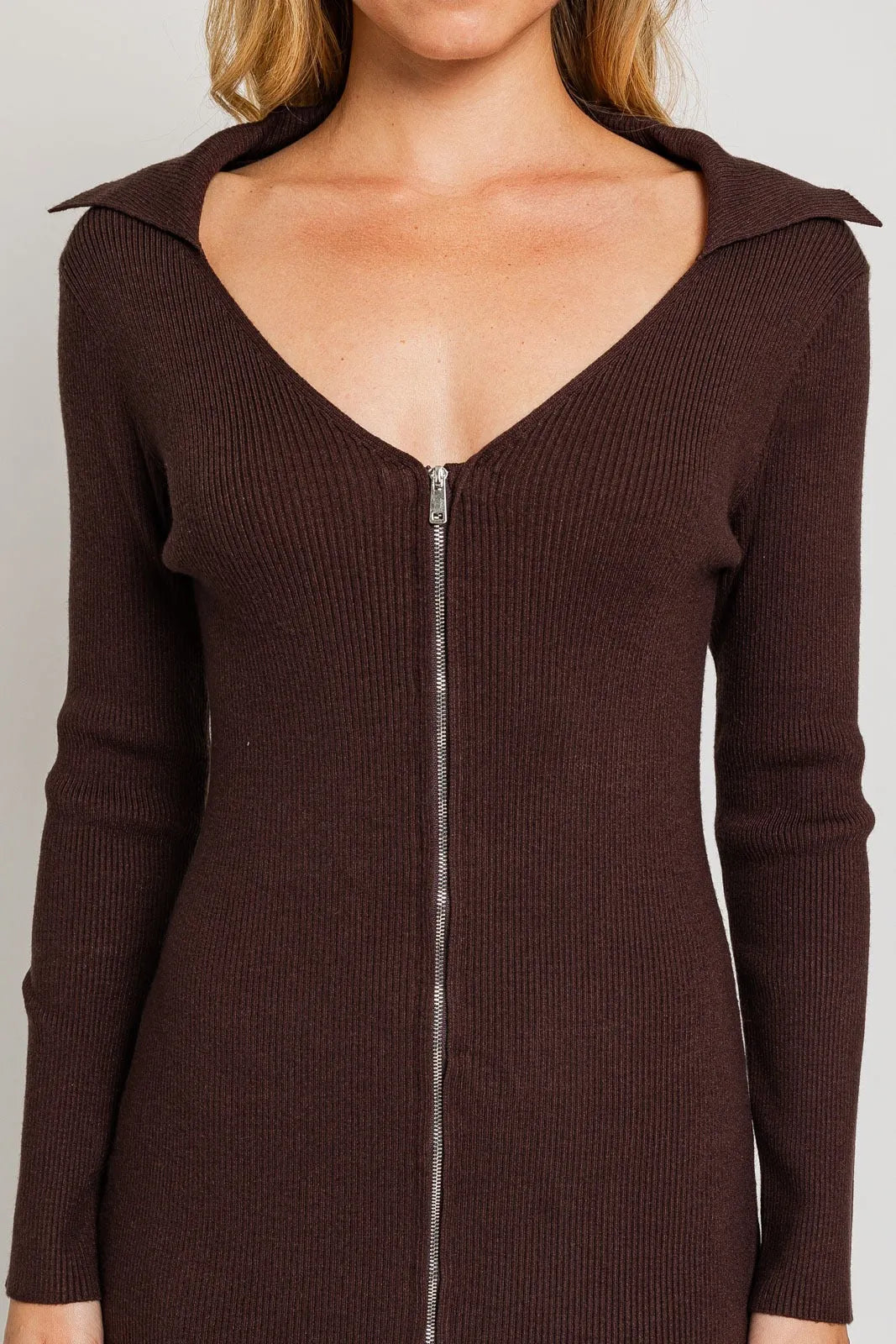 Ribbed Zip Front Ribbed Collared Sweater Midi Dress - Tasha Apparel Wholesale