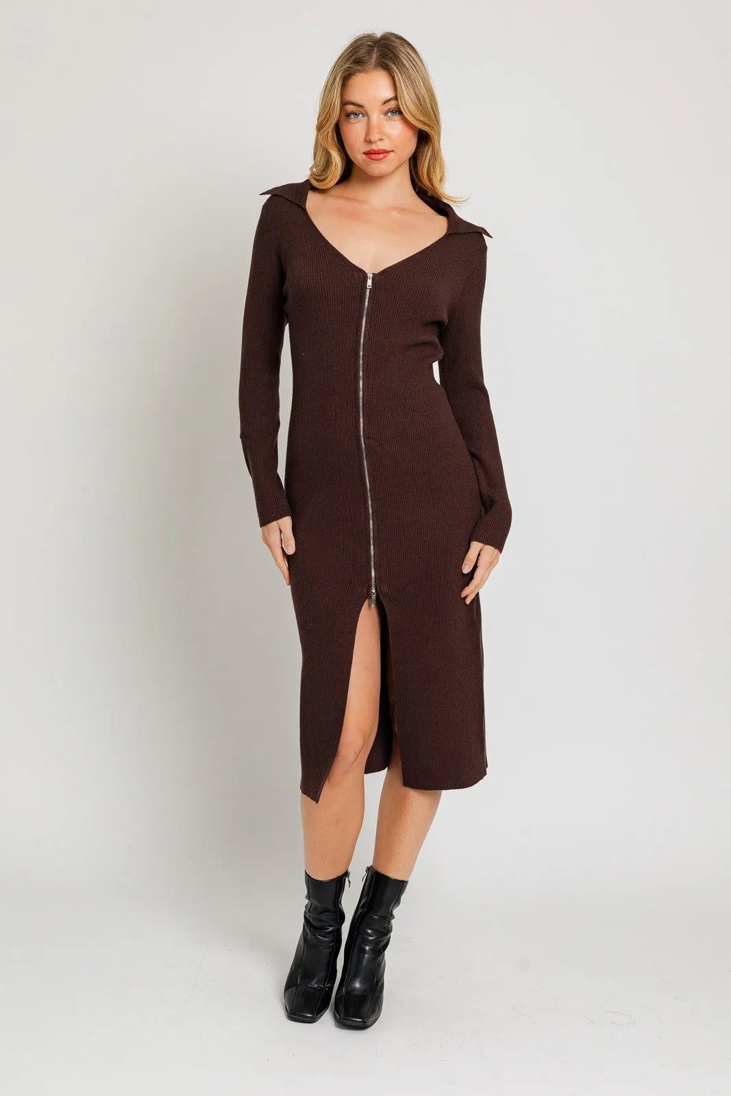 Ribbed Zip Front Ribbed Collared Sweater Midi Dress - Tasha Apparel Wholesale