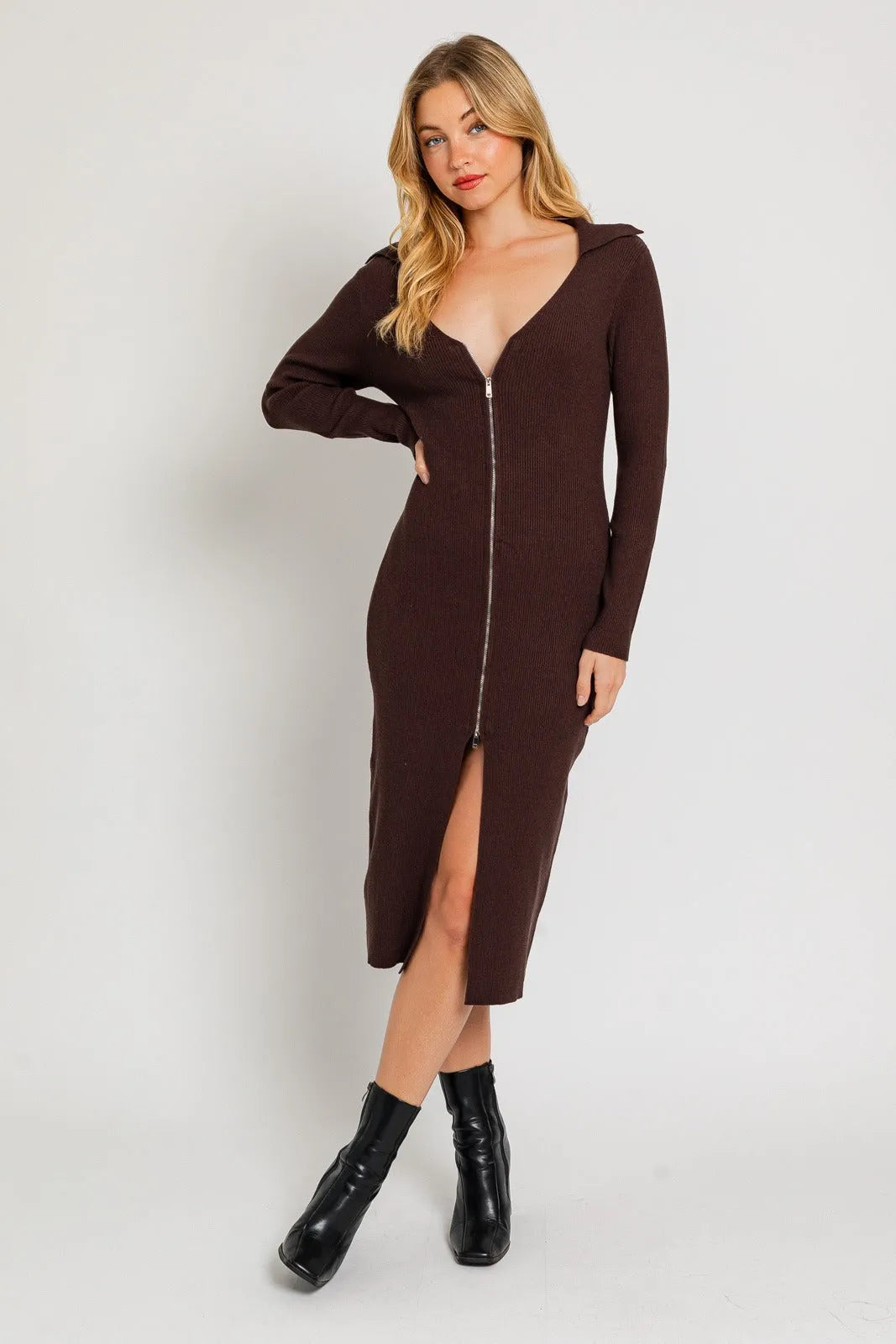 Ribbed Zip Front Ribbed Collared Sweater Midi Dress - Tasha Apparel Wholesale