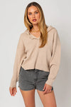 Distressed Collar Long Sleeve Ribbed Hooded Sweater - Tasha Apparel Wholesale