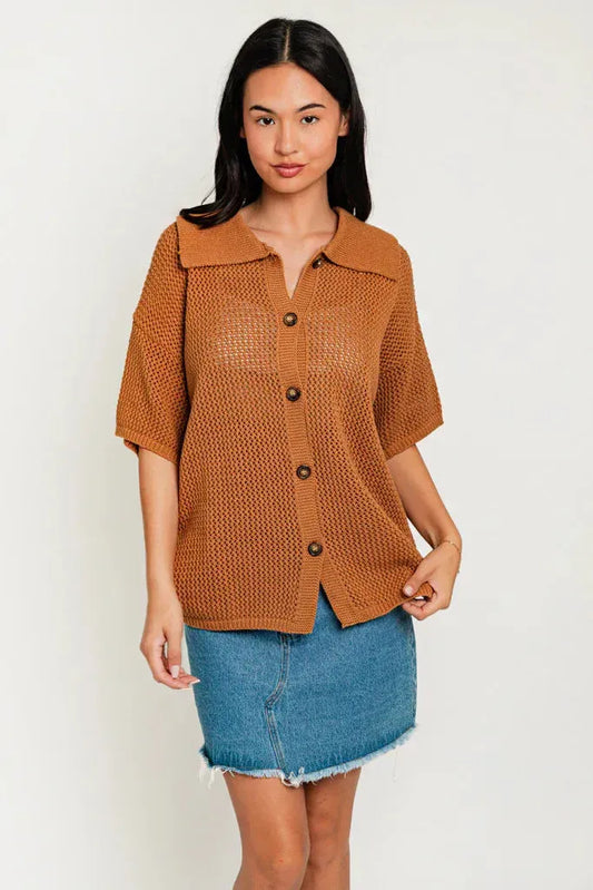 Short Sleeve Button Down Relax Collared Sweater Cardigan - Tasha Apparel Wholesale
