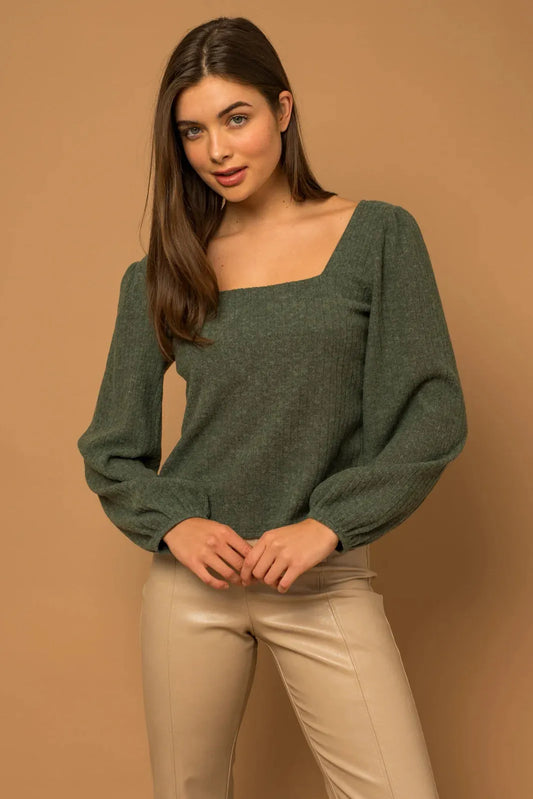 Puff Sleeve Ribbed Square Neck Knit Top - Tasha Apparel Wholesale