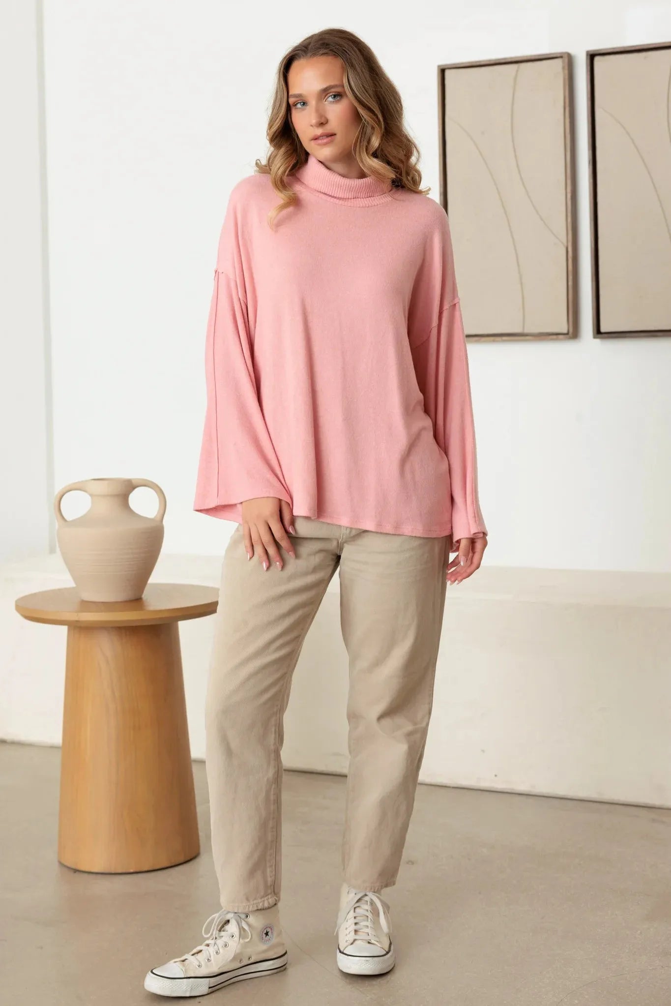 Turtle Neck Wide Long Sleeve Soft Touch Top - Tasha Apparel Wholesale