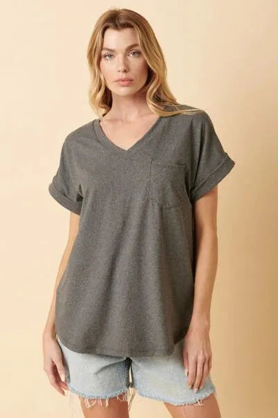 Casual Basic V-Neck Rolled Short Sleeve T-Shirt - Tasha Apparel Wholesale