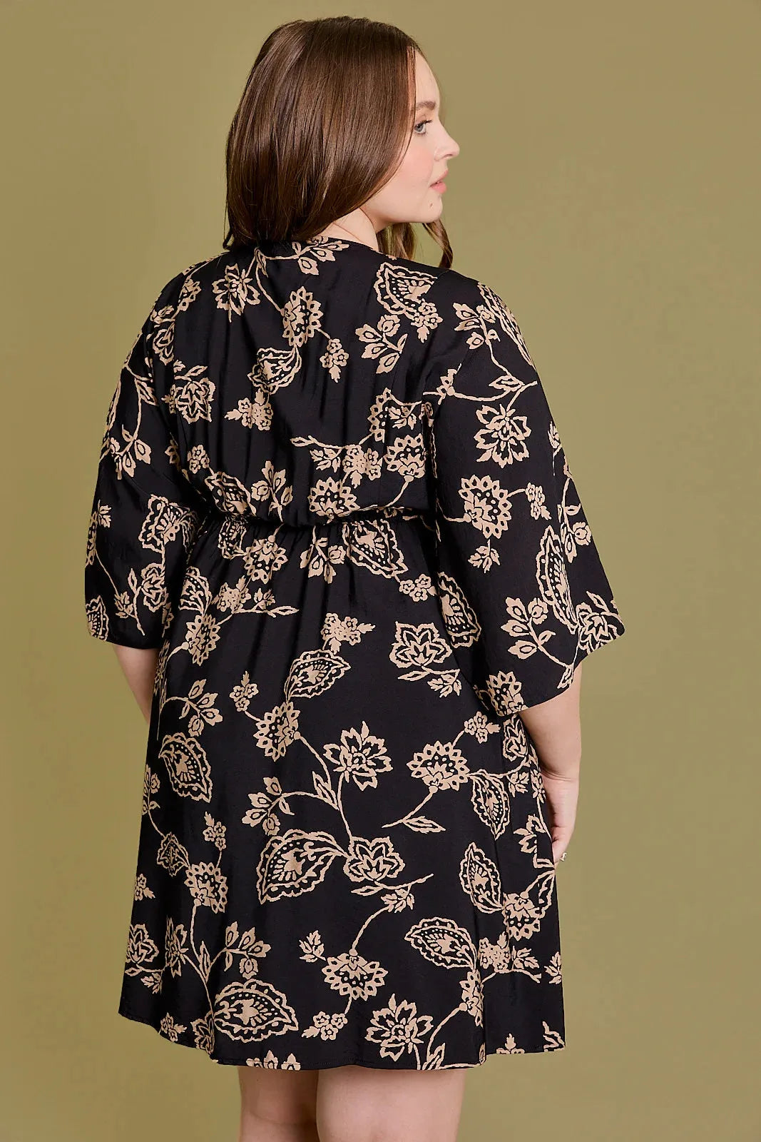 Plus Size Floral A-Line 3/4 Sleeve Mini Dress - Tasha Apparel Wholesale