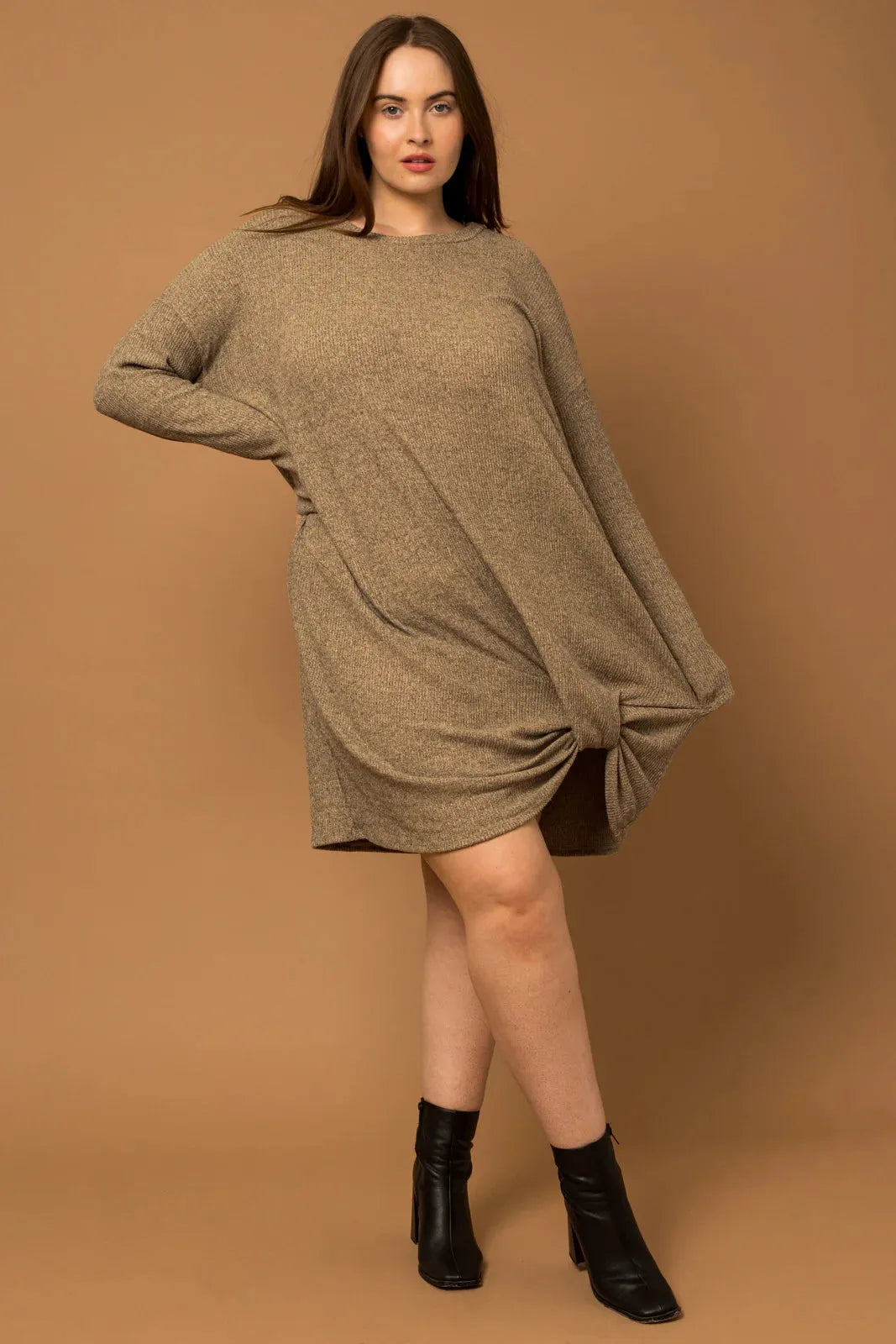 Plus Size Twisted Ribbed Long Sleeve Dress - Tasha Apparel Wholesale