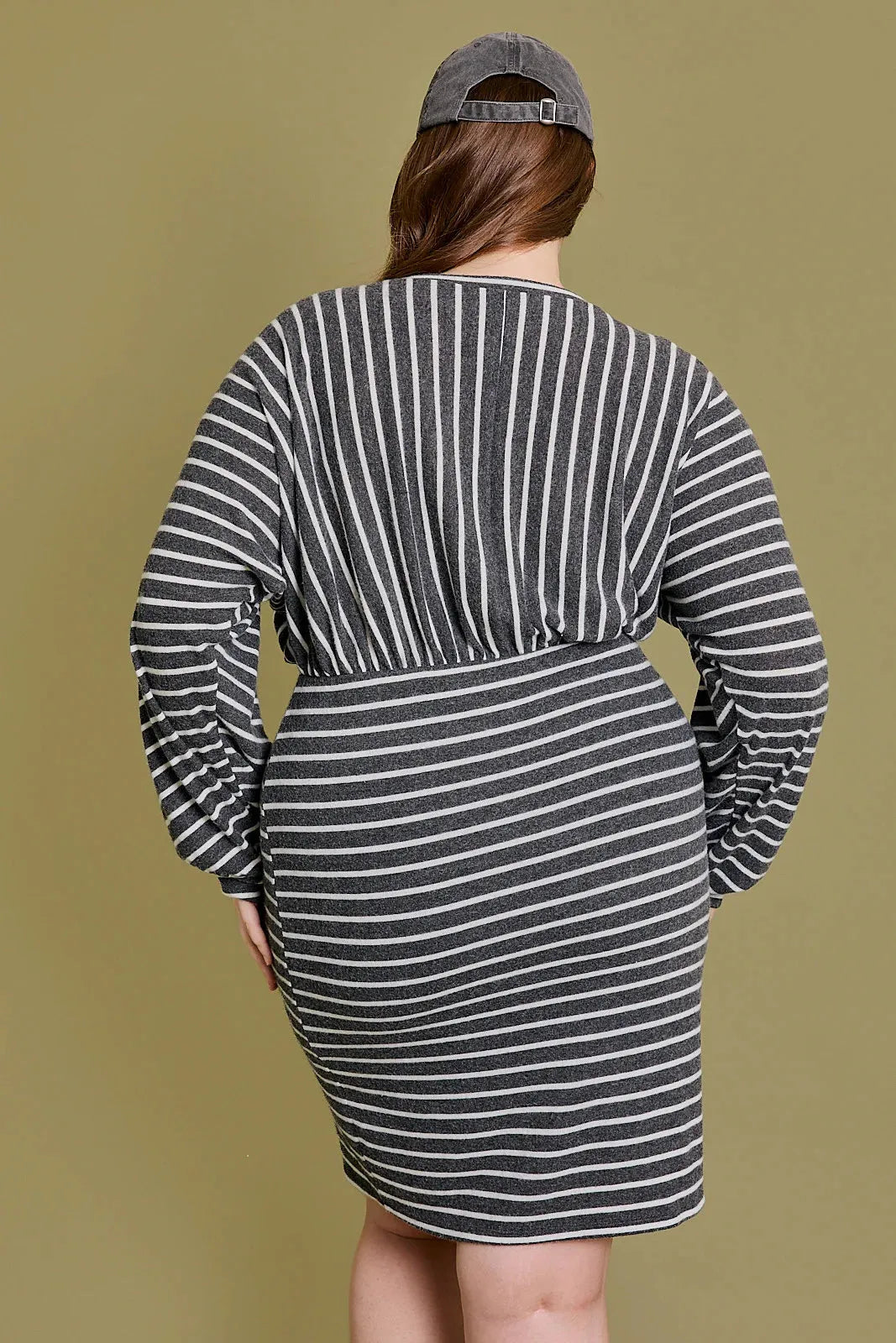 Plus Size Long Sleeve Mini Stripe Knit Dress Charcoal White Stripe / 1X-2X-3X/3-2-1 Plus Size Long Sleeve Mini Stripe Knit Dress Charcoal White Stripe / 1X-2X-3X/3-2-1