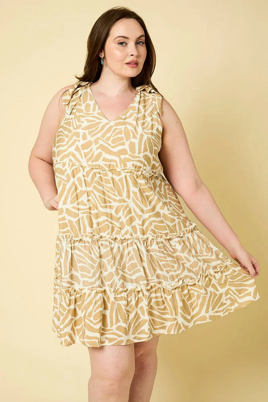 Plus Size Tie Shoulder V Neck Shirring Abstract Dress - Tasha Apparel Wholesale