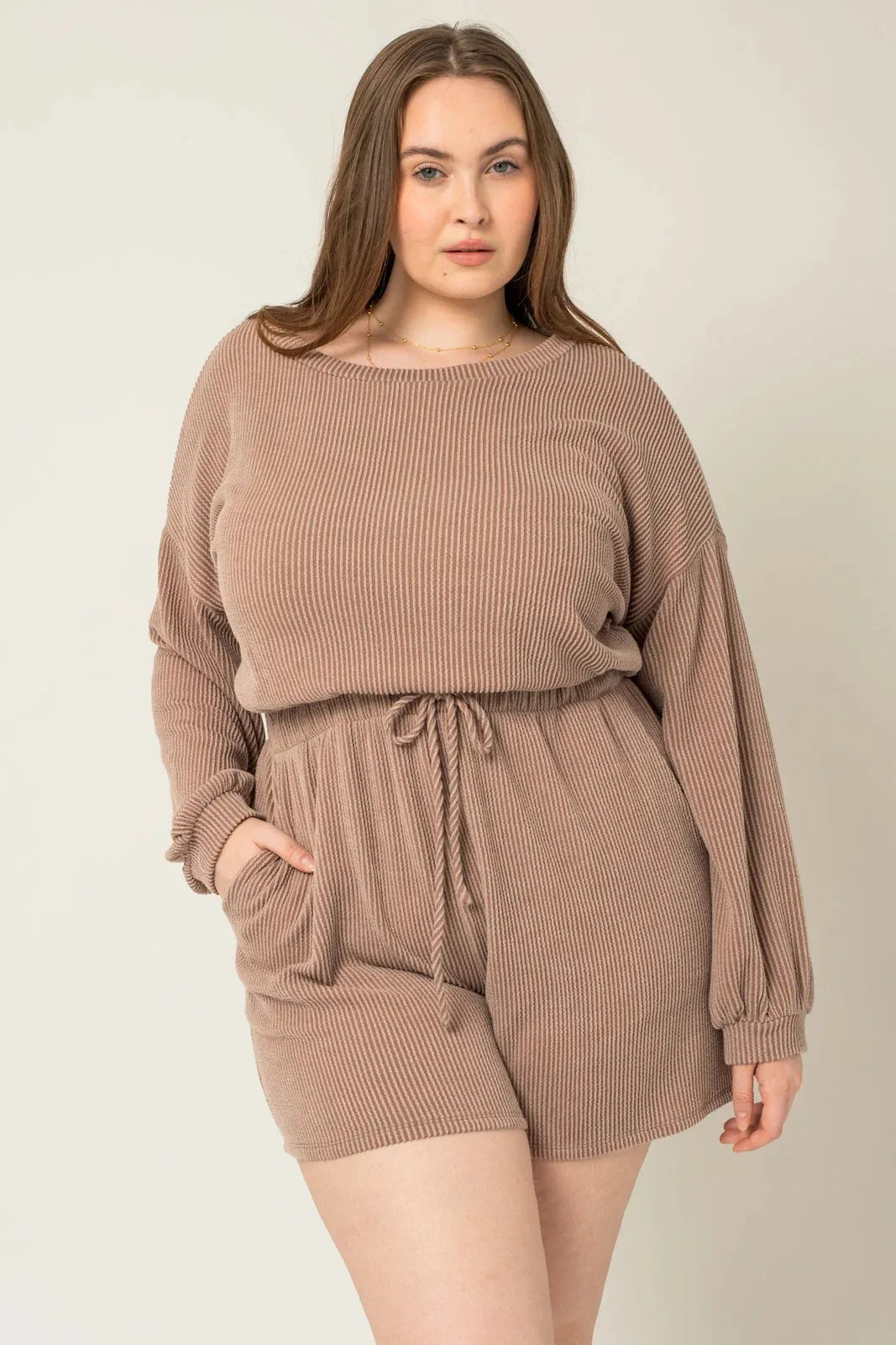Plus Size Ribbed Long Sleeve Side Pocket Romper - Tasha Apparel Wholesale