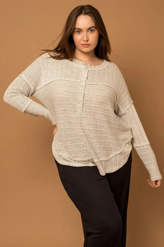 Plus Size Striped Button Up Long Sleeve Shirt - Tasha Apparel Wholesale